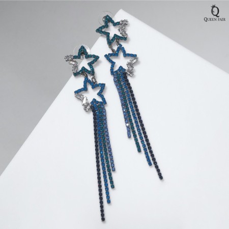 Hanging earrings with rhinestones "Waterfall" stars, blue color in gray metal, 11 cm-1