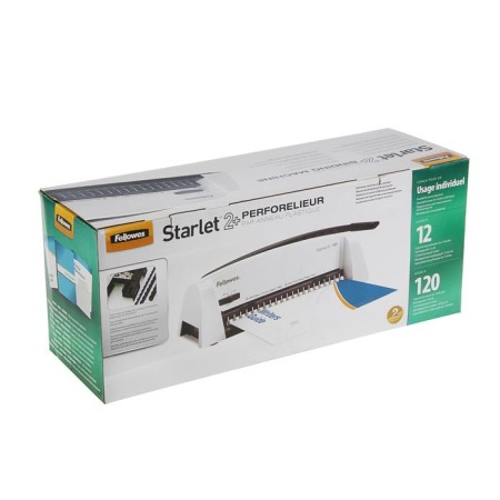 A brochure for a plastic spring, perforation is up to 12 sheets, weaves up to 120 sheets, Fellowes Starlet 2+-2