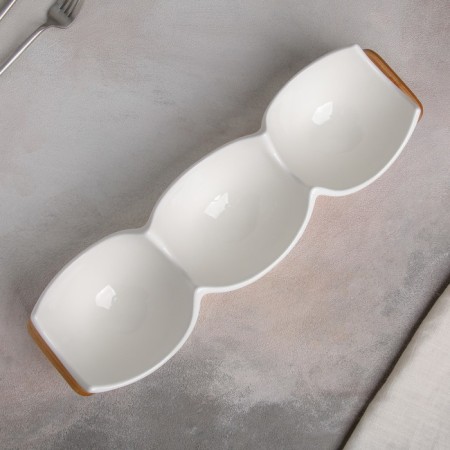 Ceramic Menjnitsa 3 cells on an esthete wooden stand, 39.8 × 11.4 cm, white color-1