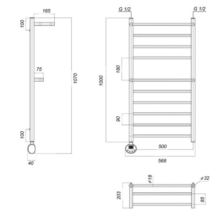Domoterm electric heated towel rail "Medea" P10, 500x1000 mm, 2 shelves, left, chrome-2
