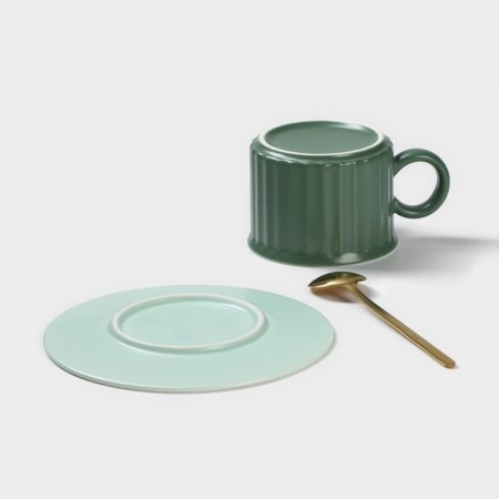 Tea couple ceramic "Profitrol", 3 objects: a cup 180 ml, a saucer d = 13.7 cm, spoon, green color-4