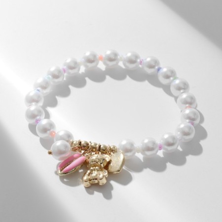 Bracelet Pearl "Margeri" shells and a bear, the color is pink-white-1