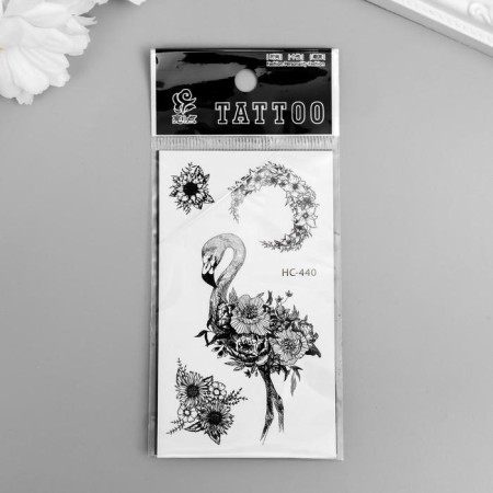 Black Flamingo and Flowers Tattoo Tattoo 10.5x6 cm-2