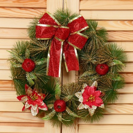 New Year's Wreath D-28 cm "Bow" with red flowers-1