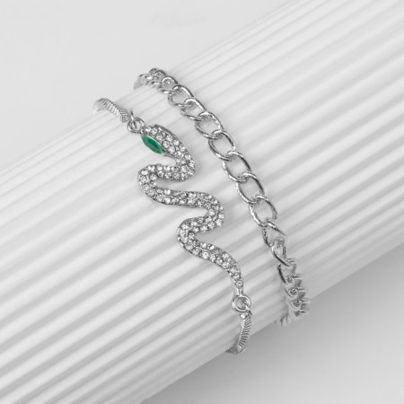 Bracelets set 2 pcs. "Snake" and a chain, white-green color in silver-1