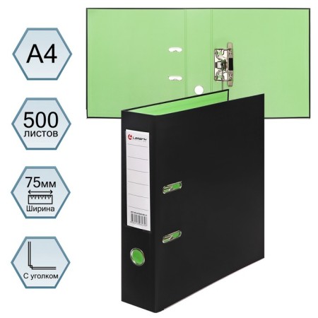 A4, 75 mm, LAMARK, PVC, double-sided coating, metal edging, pocket for a spine, collected, black/green