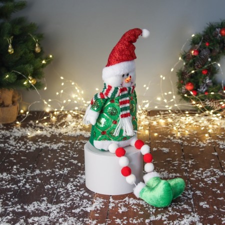 Soft toy "Snowman in a radiant suit and scarf" 49x19 cm, red-green-1