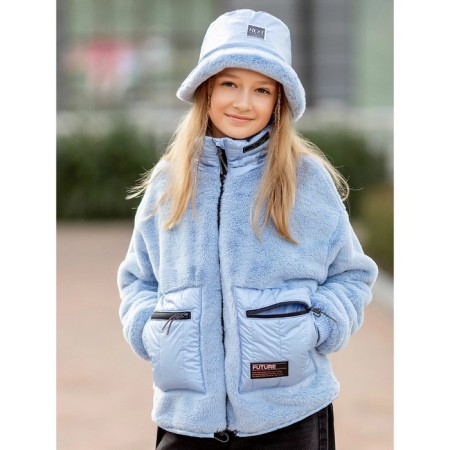 Fur jacket for a girl, height 116 cm, blue color-1