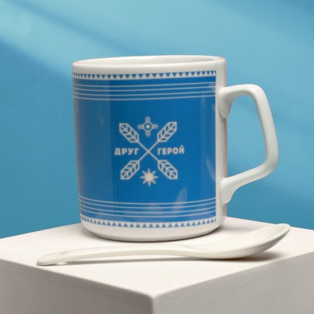 Ceramic mug with a spoon "The best grandfather in the world", 350 ml, blue color-1