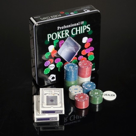 Poker, set for the game (maps 2 decks, chips 100 pcs.), With a face value, 20 x 20 cm