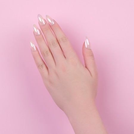 Falbled nails, 24 pcs, with adhesive plates, form of almonds, matte/holography, beige color-12