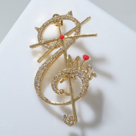 Brooch "Cat" Violin key, red-white color in gold-2