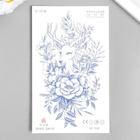 Tattoo on the body blue "Deer in flowers" 18x11 cm