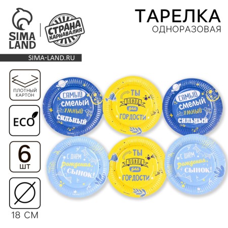 Disposable paper plate "Happy birthday, son", 18 cm (set 6 pcs)