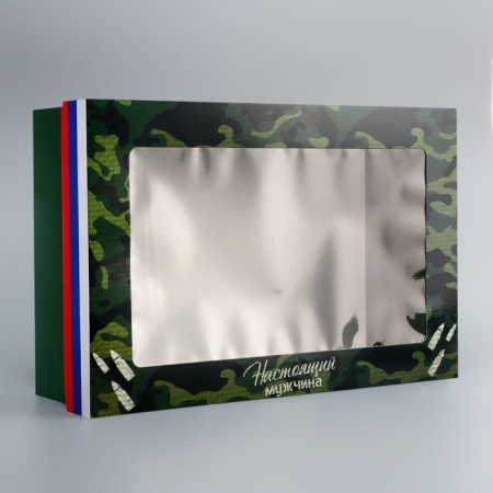 The box is folding, the cover is, "February 23", 30 x 20 x 9 cm with a window-3