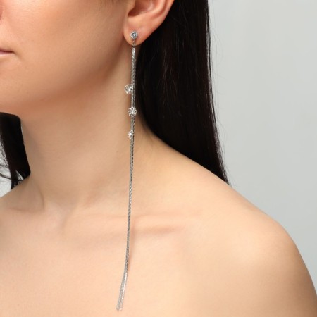 Hanging earrings with Hollywood rhinestones flowers on threads, white color in silver, 19.5 cm-2