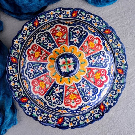 The pancake of Rishtan ceramics "Flowers", 37 cm, blue-3