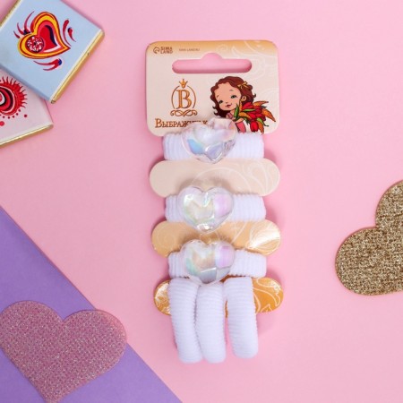 Hair gum "Tenderness" (set 6 pcs) heart, 2 cm, white