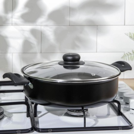 Consul, 3 l, 3 l, d = 24 cm, glass cover, plastic handles, anti-stick coating, black color, black-3