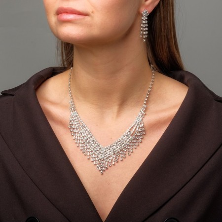 Set 2 objects: earrings, a necklace of “sparks” a web, white color in silver, 30 cm