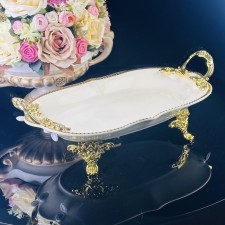 Dish with lenardi handles, on legs, porcelain, length 30.5 cm