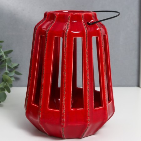 Ceramics candlestick for 1 candle "Lantern with cuts" dark red 19x14x14 cm-3