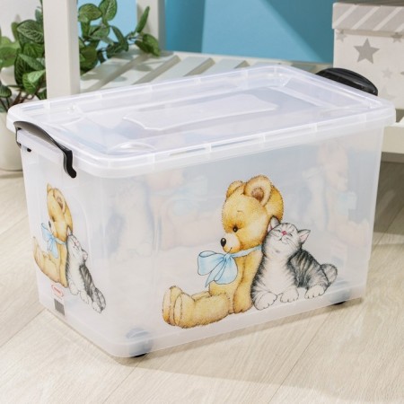 Storage container "Bear and kitten", 35 l, 50.5 × 31.5 × 28 cm, on wheels, color transparent-1