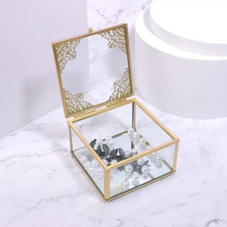 Great organizer for storage, with a lid, glass, with a mirror -bottom, 1 section, 10 × 10 × 6 cm, the color is transparent/copper-4