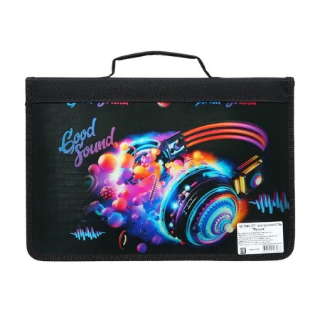 A4, 340 x 240 x 30 mm folder for labor, with a pen, lightning around, "music", laminated cardboard (voluminous 3D rusunes with a metallic effect)-3