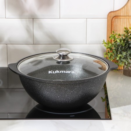 Cauldron, 4.5 l, glass cover, cast handles, anti -stick coating, color dark marble-4
