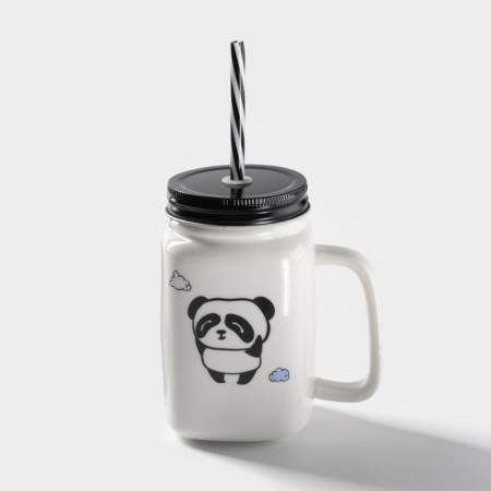 Ceramic mug with a metal lid and panda tube, 420 ml, MIX drawing-3