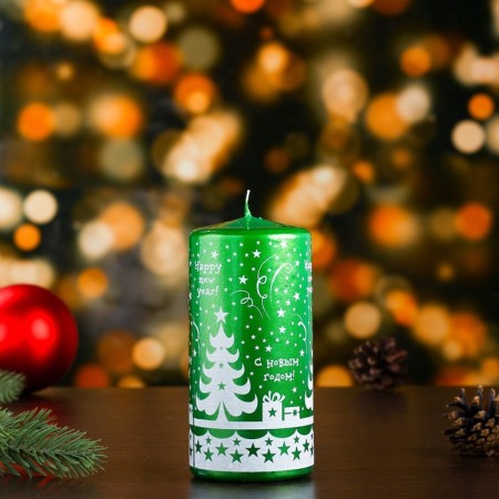 New Year's Candle-Cylinder "New Year's Patterns No. 3", 12.5x6 cm, 35 hours, 275 g, green with white