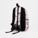 A backpack with a zipper, 3 outer pockets, pink/white color