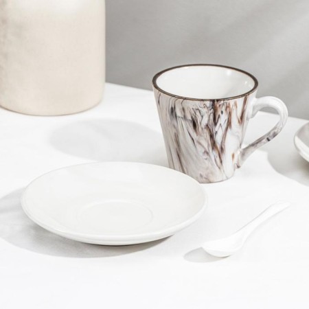 Tea ceramic tea on a metal stand “Marble”, 6 objects: 2 cups 200 ml, 2 saucers d = 14 cm, 2 spoons-2
