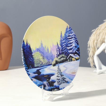 Decorative plate "Winter", with a pattern on canvas, type 2, wall, d = 19.5 cm-2