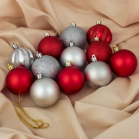 Set of balls plastic D-6 cm, 12 pcs "Smile" silver red