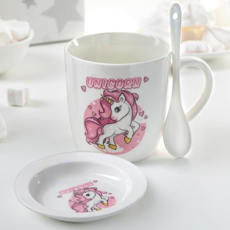 Ceramic mug with a stand and a spoon “Unicorn in Dreams”, 330 ml, Mix drawing-6