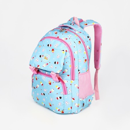 A backpack, a lightning department, 2 outer pockets, 2 side pockets, blue color