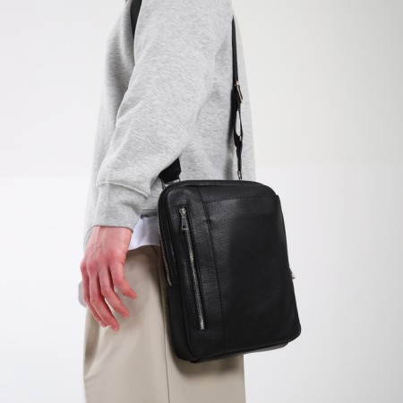 Male bag over the shoulder, Textura, artificial leather, black color