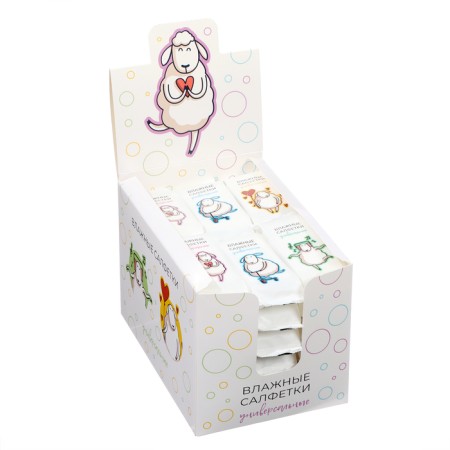 Wet napkins "Sheep" universal, with cotton, show box, 36 packages of 8 pcs