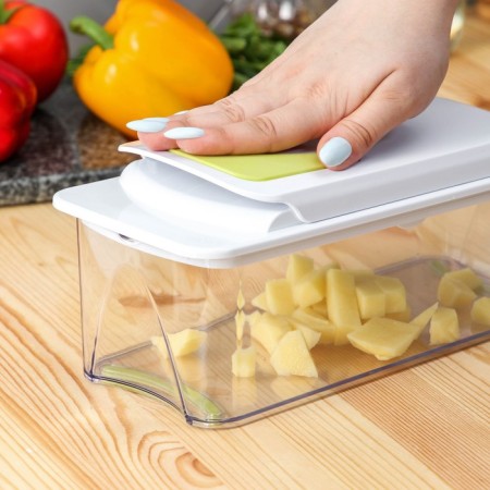 Vegetable engine - Shinkovka with interchangeable nozzles and a shares container, 6 nozzles, 14 × 12.5 × 38.1 cm, white, green color-3