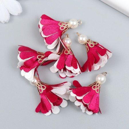 Decor Textile "Flower 2 colors with pearls. Raspberry and white" set 6 pcs 3 cm-2