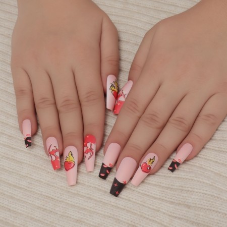 Flame overhead nails, 12 pcs, with glue plates, ballerina shape, beige/red/black color-8