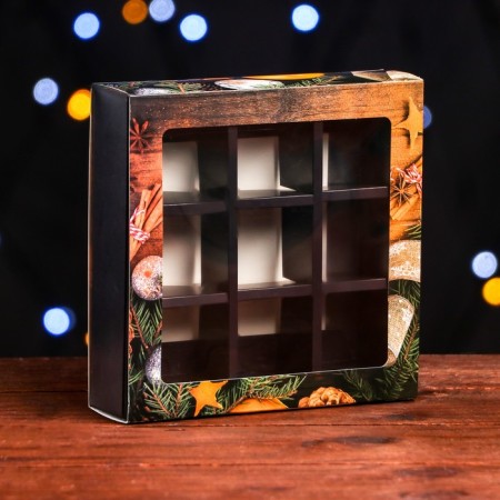 New Year. Box for 9 sweets "Mandarins", 13.7 x 13.7 x 3.5 cm, confectionery packaging-1