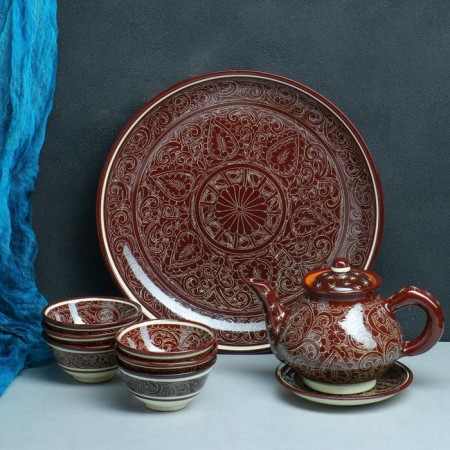 Set of Tea Rishtan Ceramics "Patterns", 9 objects, (kettle 0.8 l, Piales 0.3 l)
