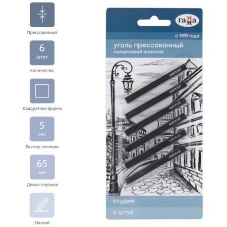 Coal pressed gamma "Studio", soft, square, 6pcs., Blister, euro suspension-1