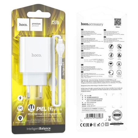Network charger Hoco C97A, USB, Type-C, 20 W, Type-C-Lightning, 1 m, white-7