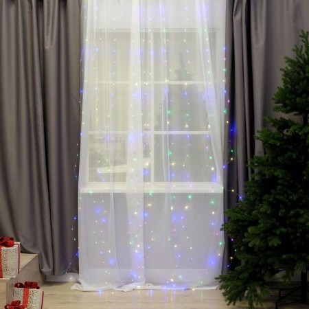 Garland "Curtain" 2.8 × 3 m dew on hooks, with a remote control, IP20, silver thread, 300 LED, glow of multi, 8 modes, USB-1