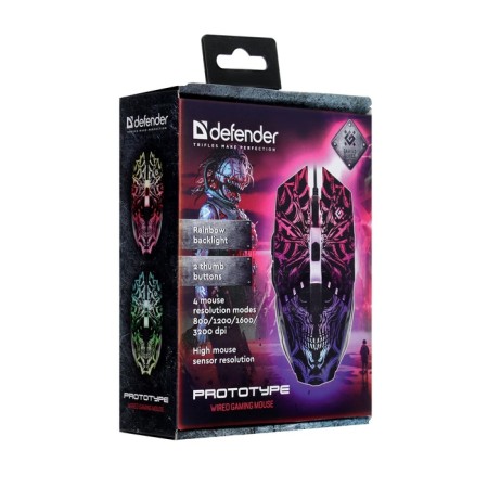 The mouse Defender Prototype GM-670L, Game, Wending, 6 buttons, Higher Gettail, 3200 DPI, USB, Cher-10