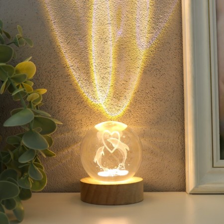 Souvenir glass backlight "Two dolphins" d = 6 cm stand wood, usb 6.5x6.5x7.5 cm